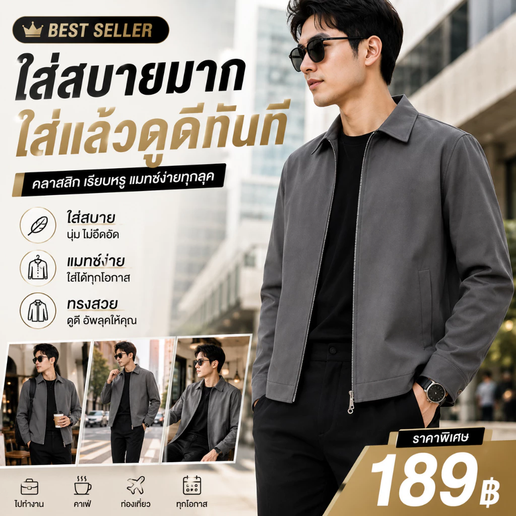 เสื้อแจ็คเก็ตผู้ชาย Business Casual เสื้อคลุมผู้ชาย ใส่ทำงาน ผ้าไม่ยับ ระบายอากาศ ใส่สบาย ใส่เที่ยวได้ ทรงหล่อ