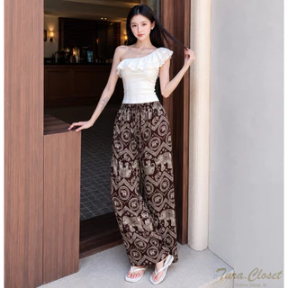 COM507 TARA Pants กางเกงช้างขายาว เอวยางยืด ทรงขากระบอกใหญ่ ผ้าไหมอิตาลีอย่างดี ลายผ้าขา 2 ข้าง ตรงกัน ช้างไม่กลับหัว