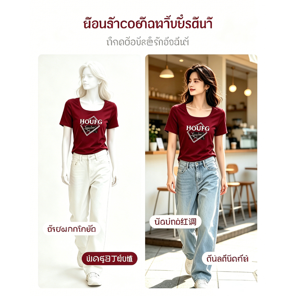 เสื้อยืดคอสี่สีไวน์แดง ลายพิมพ์ตัวอักษร สไตล์เกาหลีสดใส ใส่ง่ายทุกชุด