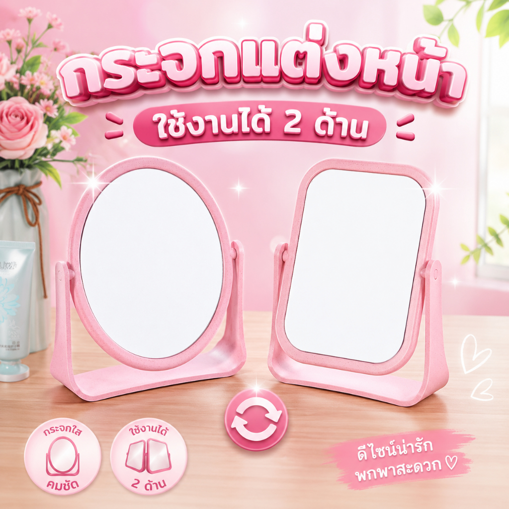 กระจกแต่งหน้า แบบตั้งโต๊ะ ใช้งาน ได้สองด้าน หมุนได้ 360 องศา (ทรงสี่เหลี่ยม และ วงรี)