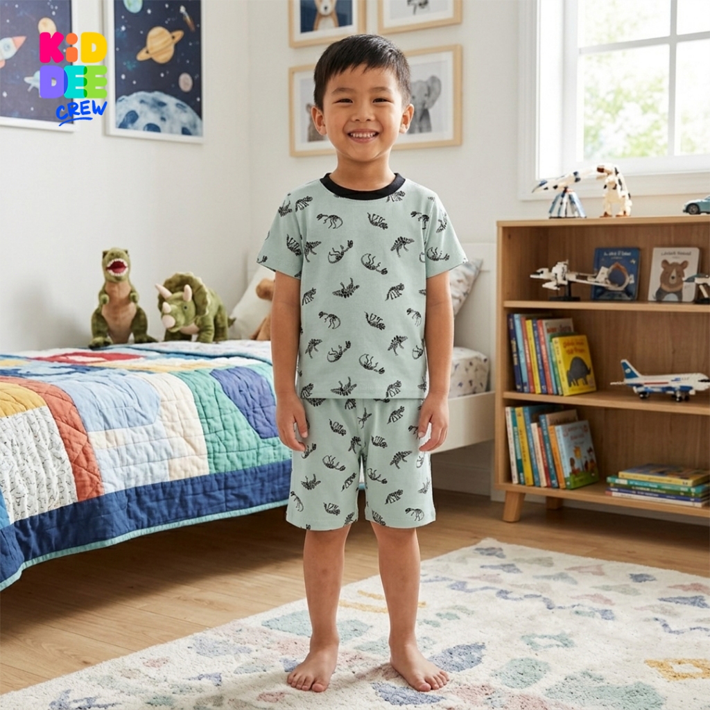 KiddeeCrew ชุดเซ็ทเด็ก เสื้อกางเกงแขนขาสั้น ผ้าcotton100% เสื้อผ้าเด็กลาย ฟ้าไดโนเสาร์โครงกระดูก เหมาะอายุ 1 ปีถึง 12 ปี