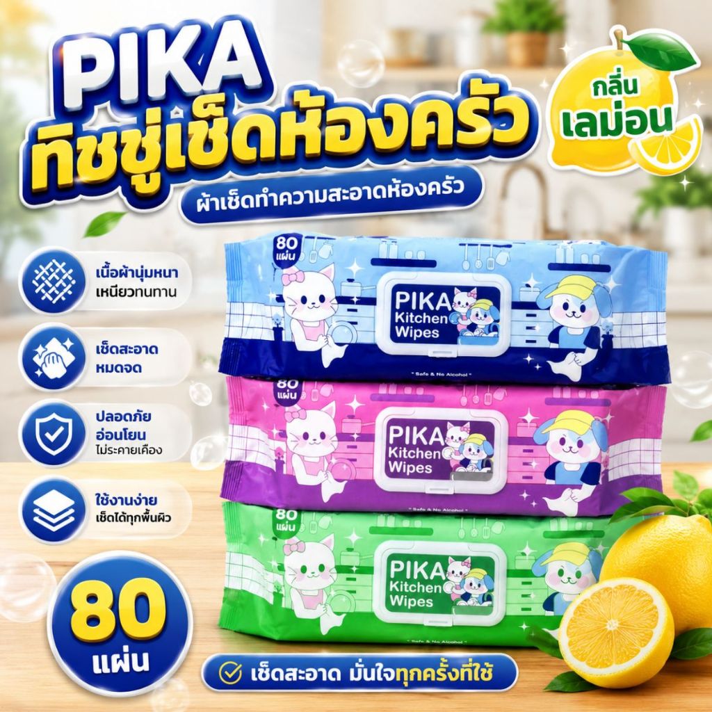 (PIKA) ทิชชู่ทำความสะอาดในห้องครัว (1ห่อ มี 80 แผ่น) ทิชชู่ PIKA รุ่นทำความสะอาดห้องครัว กลิ่นเลม่อน