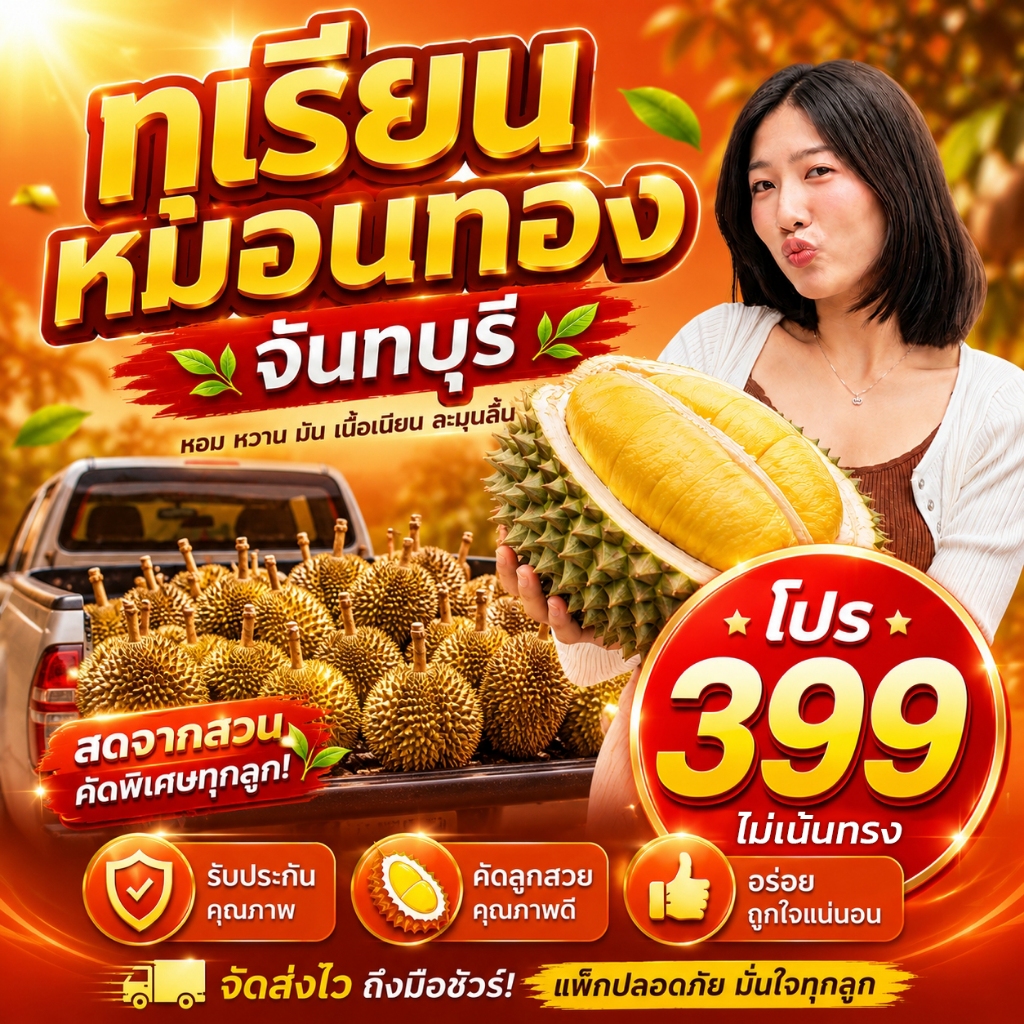 🔥‼️ส่งฟรี‼️👍🏻ทุเรียนหมอนทอง1กล่องโปร 399.-✅1.5-2kg.(1-2ลูก)ตัดแก่สดจากสวนจันทบุรี