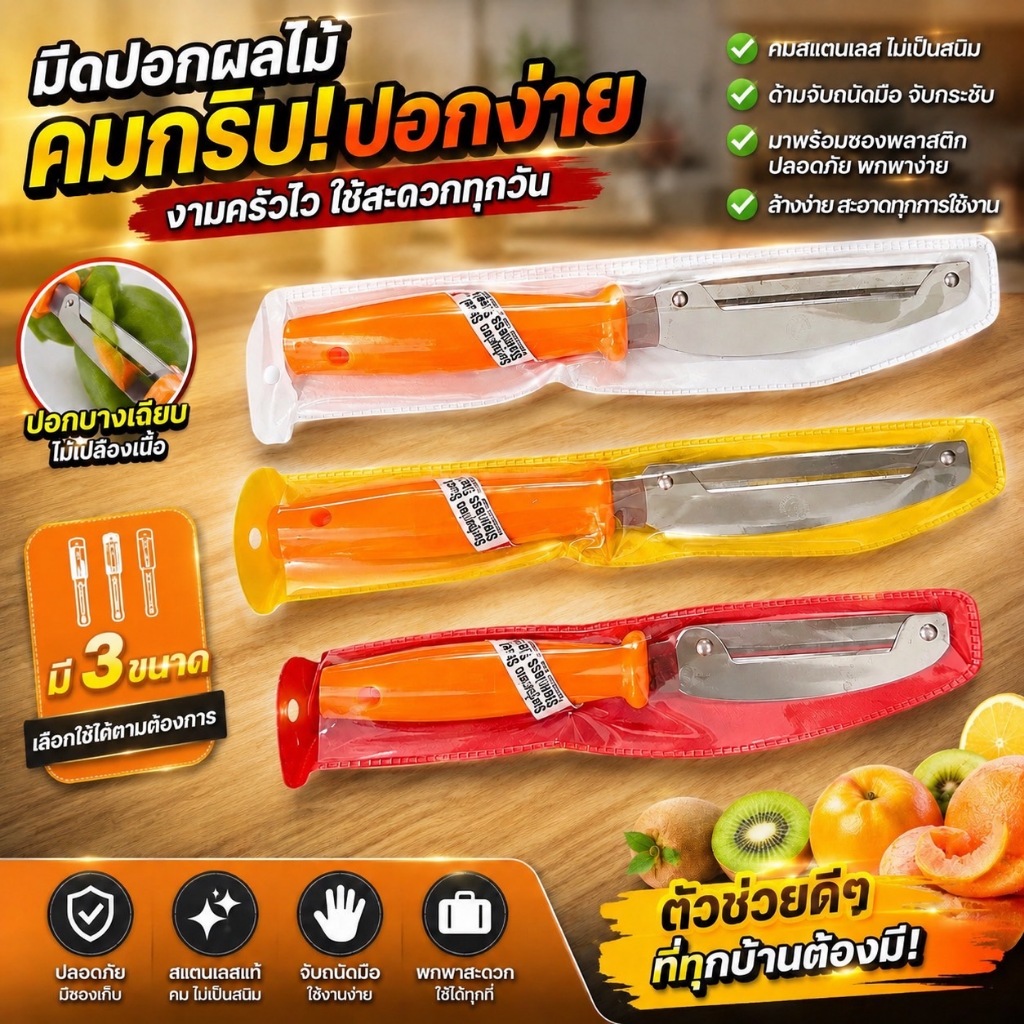 [เลือกขนาดได้] มีดปอกผลไม้ มีดคมใหญ่ 3 ขนาด (16.5CM / 22CM / 23CM) ใบมีดสแตนเลสสตีลคุณภาพสูง คมกริบ