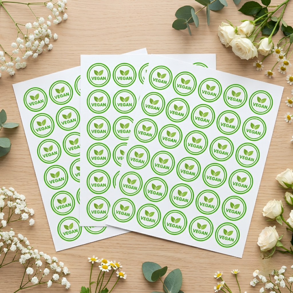 สติ๊กเกอร์ Vegan (3x3 cm) สติ๊กเกอร์เจ มังสวิรัติ มินิมอล สำหรับแปะกล่องขนม อาหาร สลัด ขวดน้ำ กันน้ำ