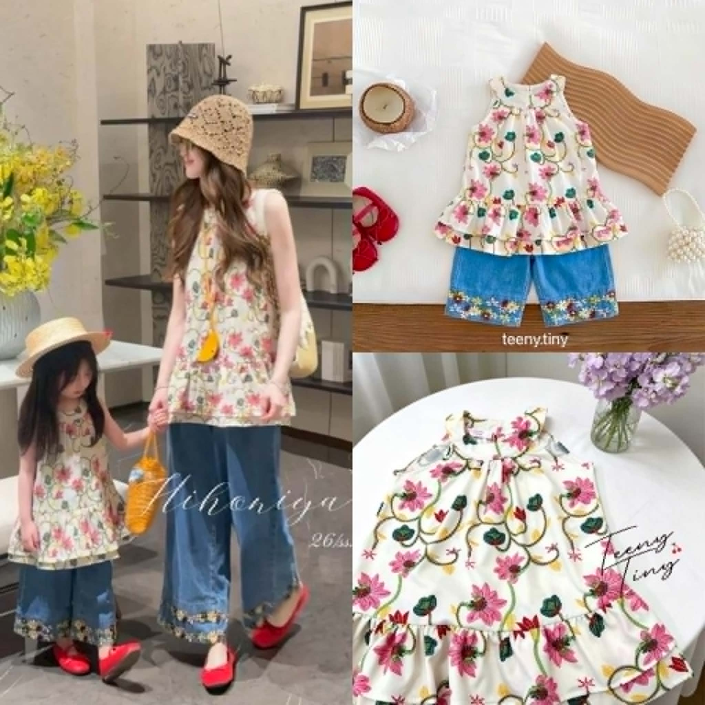 พร้อมส่งในไทย ชุดคู่แม่ลูก Boho Bloom Collection เสื้อลายดอก + กางเกงยีนส์งานปัก