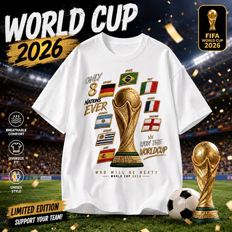 เสื้อยืดแขนสั้นลาย World Cup 2026 โลโก้ถ้วยรางวัล FIFA สิงห์บลู บราซิล อังกฤษ ลุคกีฬา 6.23