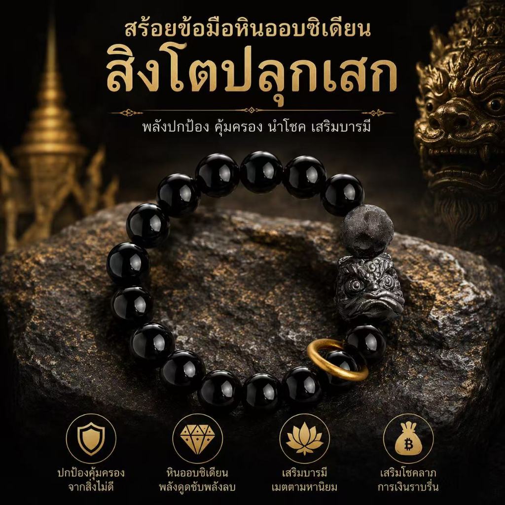 สร้อยข้อมือหินออบซิเดียนสิงโตปลุกเสก สีดำแท้ กำไลหินธรรมชาติ เสริมบารมี ปกป้องคุ้มครอง นำโชค เครื่องประดับสายมู ใส่ได้ทั