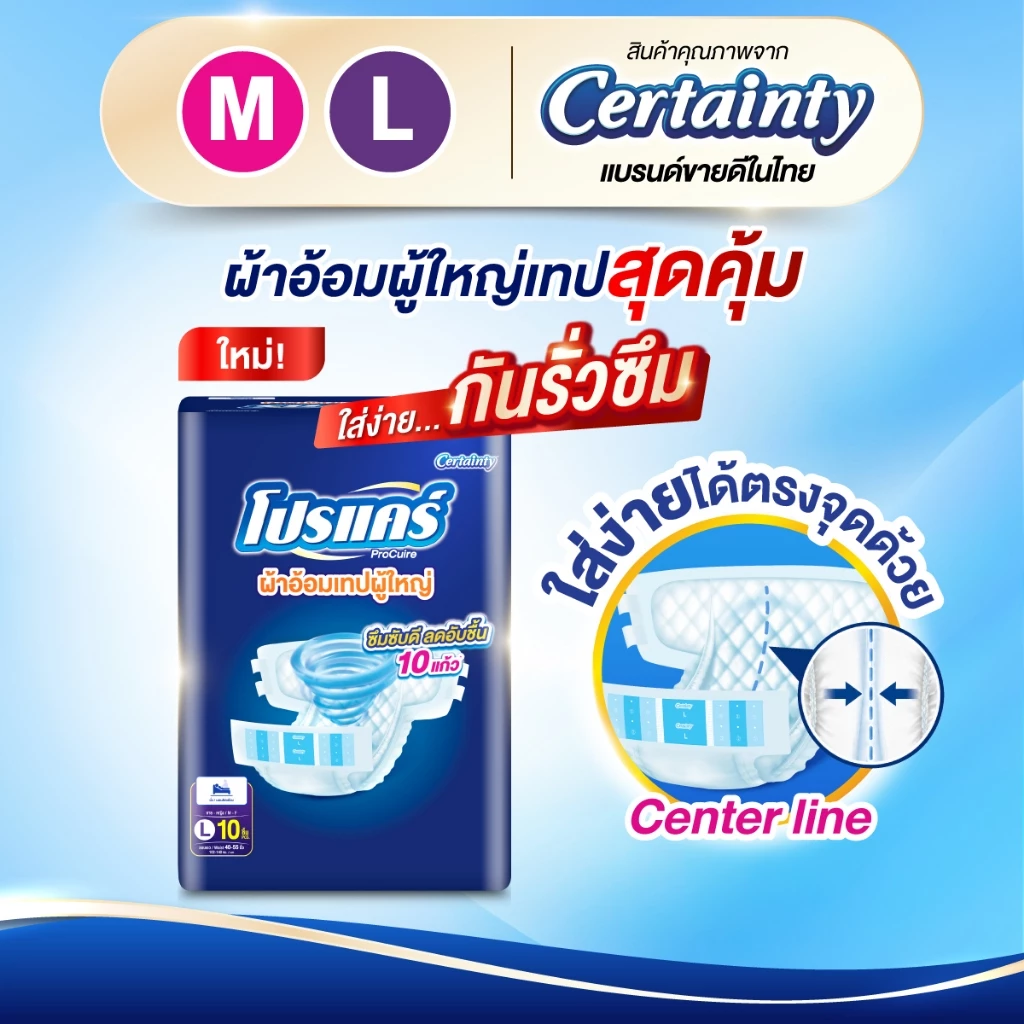 ใหม่!! โปรแคร์ Procuire โปร์แคร์ ผ้าอ้อมผู้ใหญ่แบบเทป ไซส์ M , L (1แพ็ก 10ชิ้น) Procare