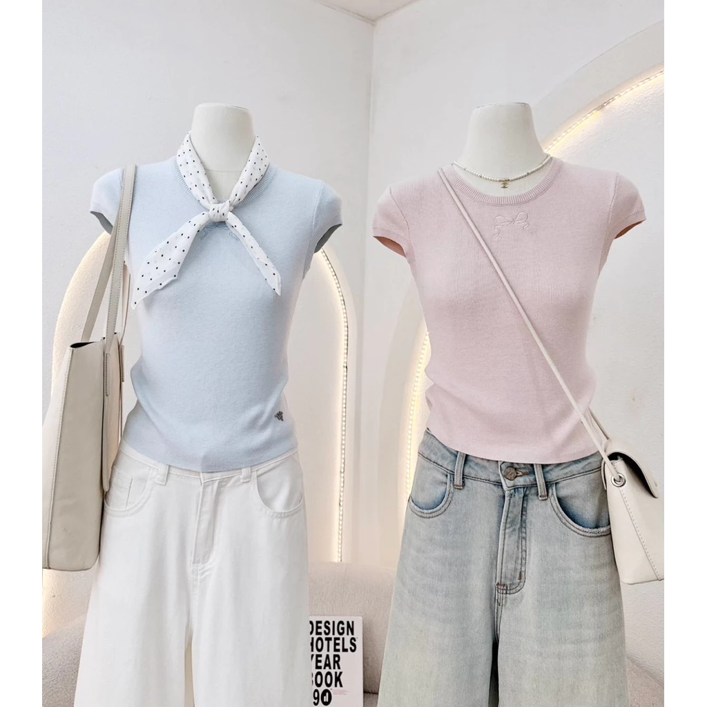 WA YA เสื้อยืดแขนเต่อ ปักโบว์หน้า