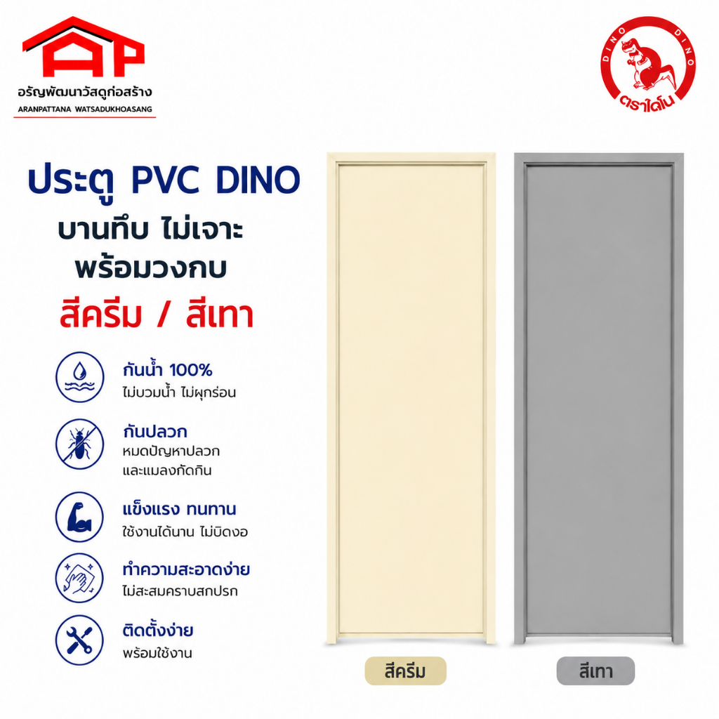 ประตู PVC DINO DN1 บานทึบ พร้อมวงกบ สีครีม/สีเทา ไม่เจาะลูกบิด