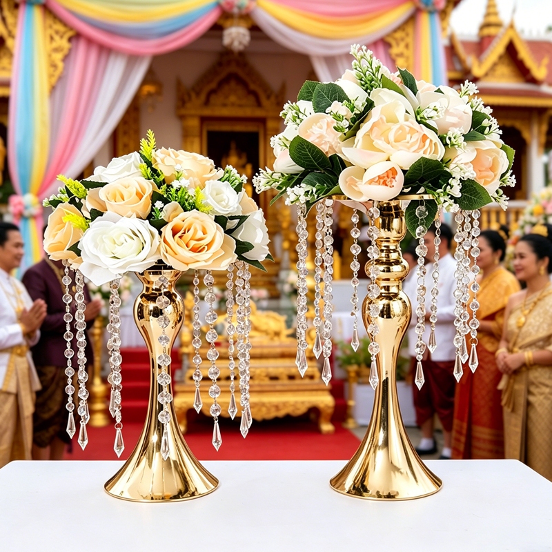 ชุดเชิงเทียนโลหะประดับคริสตัล 24 ชิ้น สามารถใช้เป็นแจกันดอกไม้ ตกแต่งโต๊ะงานแต่งงานได้