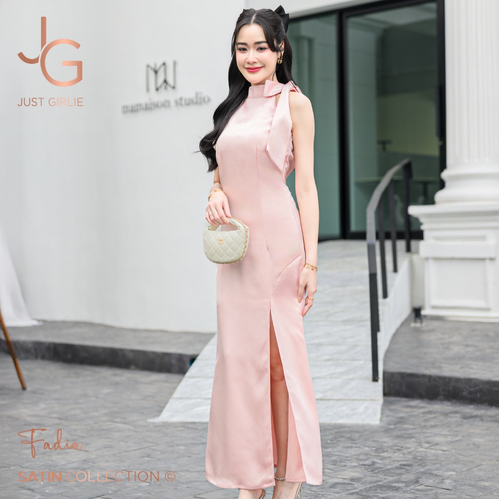 🩷Dress Fadia🩷เดรสยาวผ้าซาติน ดีเทลสวยหรู ดูดีมากๆ เดรสใส่ออกงาน งานแต่ง เดรสสวยราคาถูก แฟชั่นผู้หญิง มีไซส์ S M L