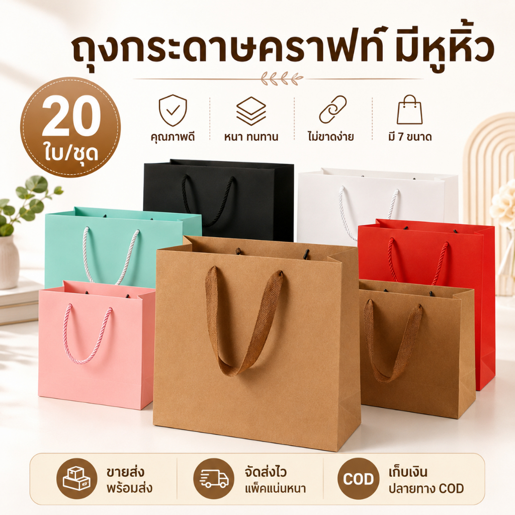 1 ชุด มี 20 แผ่น ถุงกระดาษคราฟท์มีหูหิ้ว คุณภาพดี ทนทาน ไม่ฉีกขาด ขายส่งพร้อมส่ง รองรับเก็บเงินปลายทาง COD