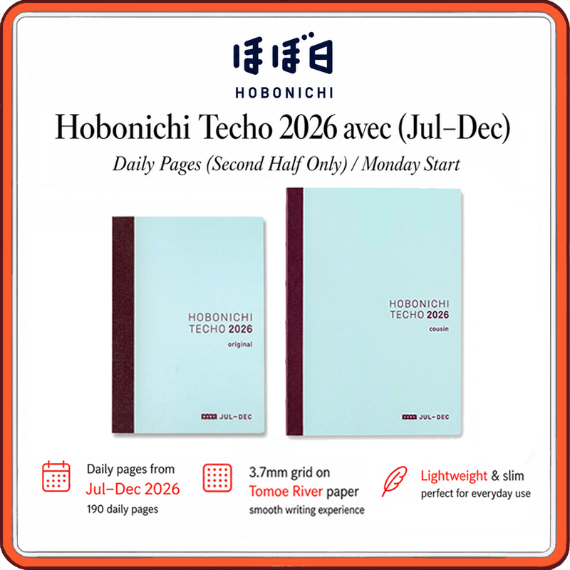 Hobonichi Techo 2026 Avec Original A6 & Cousin A5 Japanese Version [1 page per day (second half only) / July start / Monday start]