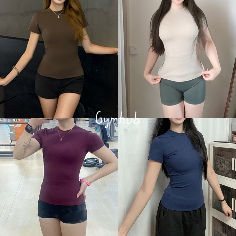 GYMHUB เสื้อยืดโยคะแขนสั้นผู้หญิง แบบไหล่ตรง กระชับเอว ดูผอม รัดรูปร่าง เหมาะออกกำลังกายและเล่นกีฬา