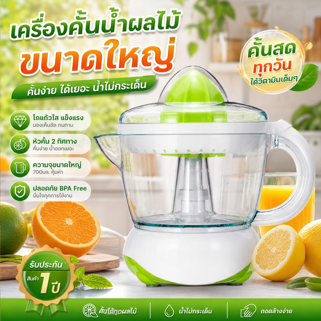 เครื่องคั้นน้ำส้ม เครื่องกดน้ำสสีเขียว ความจุ 700ml แข็งแรง ทนทาน ถอดล้างง่าย รับประกัน 1 ปี