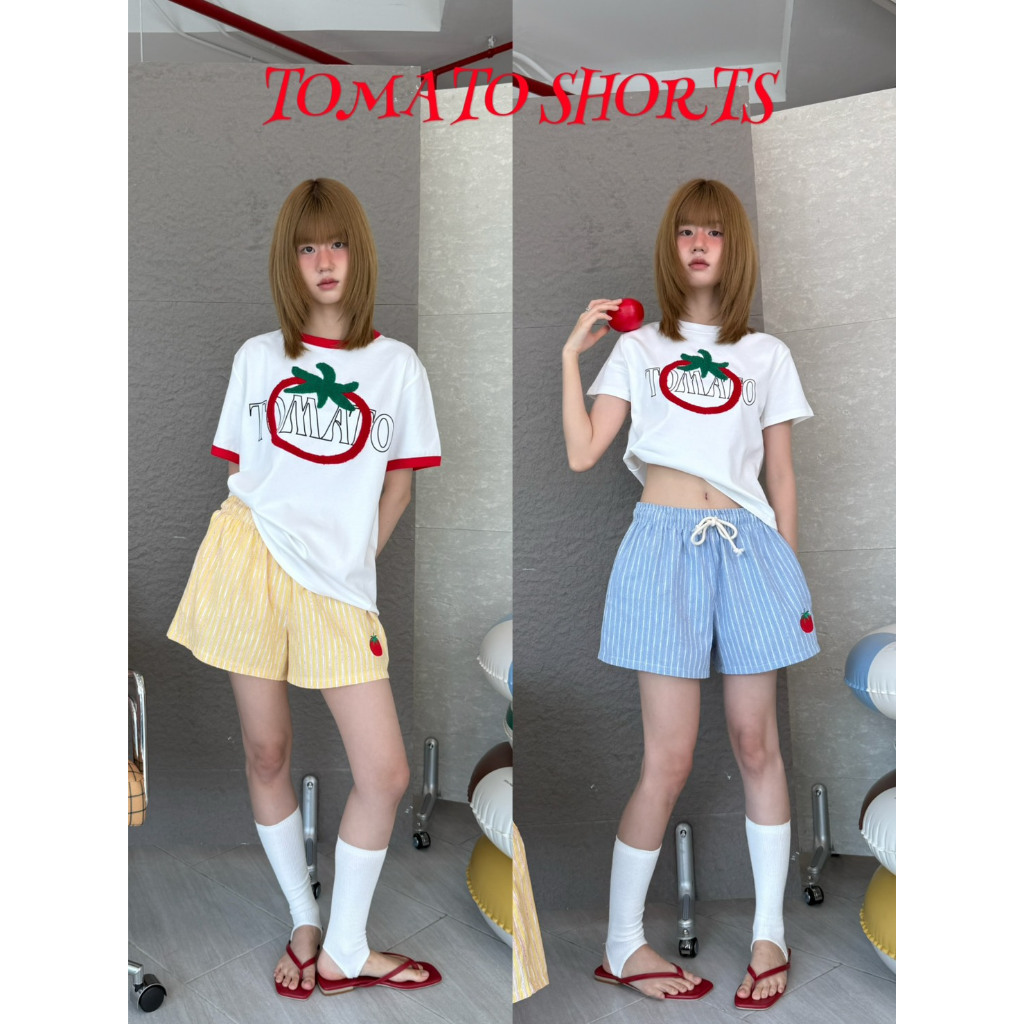 Lazy - cc - Tomato Short - กางเกงขาสั้นลายริ้ว ดีเทลงานปักมะเขือเทศ (ส่งด่วน)