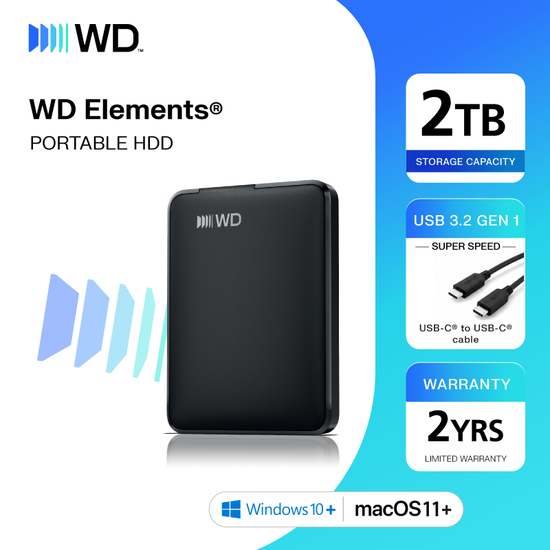 Western Digital HDD ELEMENTS USB-C 2TB (BLACK) ฮาร์ดดิสก์แบบพกพา รุ่น ELEMENTS USB-C