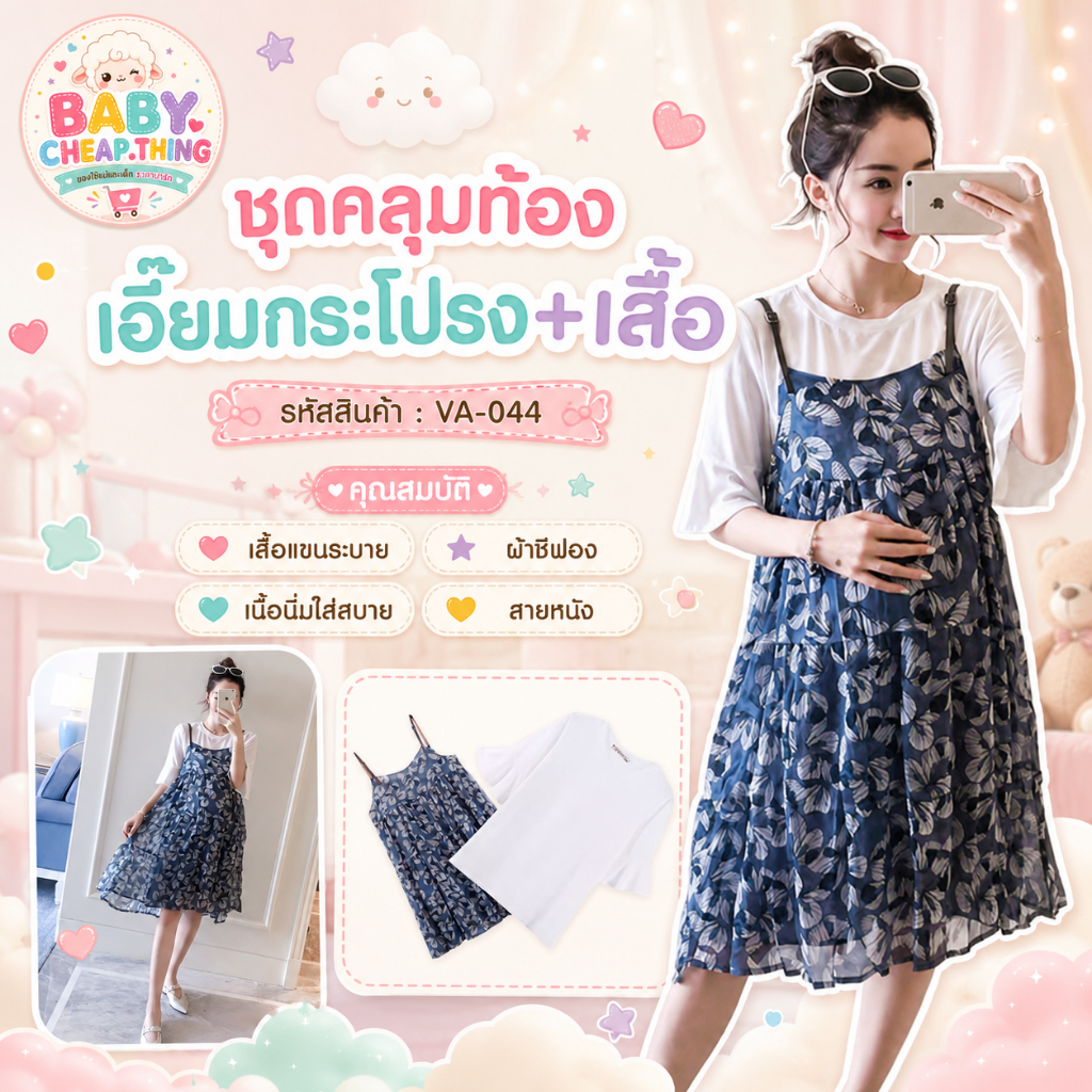 ✿♥เอี๊ยมกระโปรง+เสื้อ (VA-044) ผ้าชีฟอง เนื้อนิ่ม สายหนัง มาพร้อมเสื้อแขนระบาย