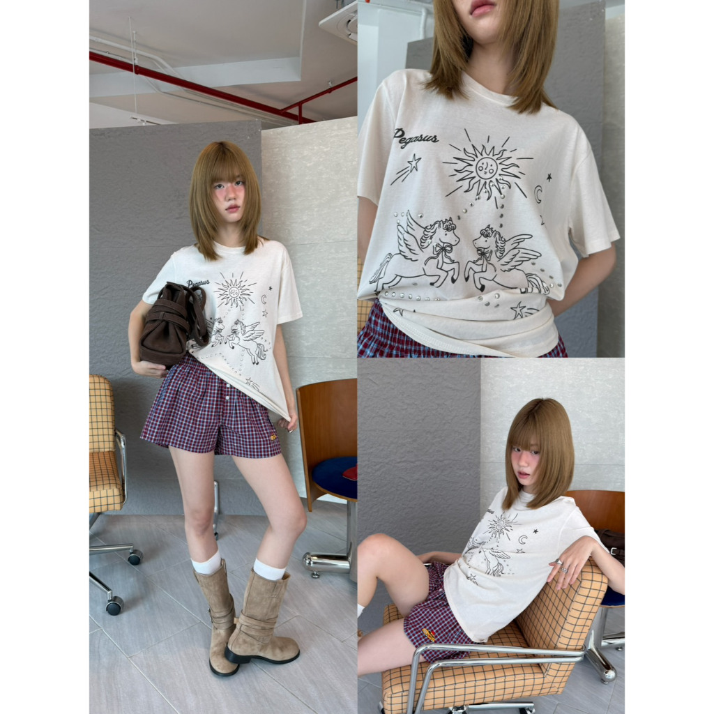 Lazy - C915 - VOLAR TEE - แขนสั้นผ้าสลาฟ ดีเทลแต่งหมุดรูปดาว (พร้อมส่ง)