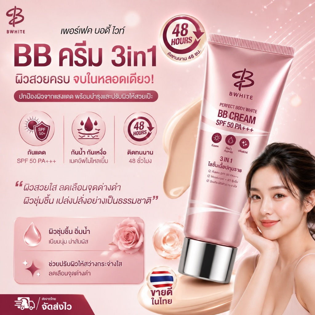 B WHITE BB ครีมทาตัว 3IN1 กันแดด SPF50 PA+++ กันน้ำ ไม่ติดเสื้อ ผิวขาวกระจ่างใส ไวตามินบี3 ไนอาซินาไ