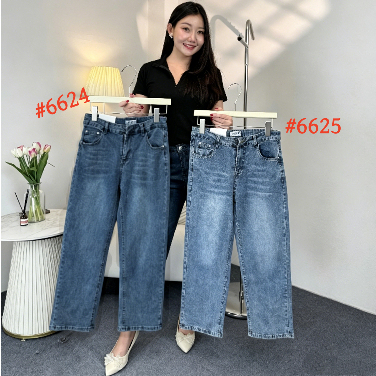 GHAOHES กางเกงยีนส์ยืดขายาวกระบอกตรง ผ้ายีนส์ฟอกน้ำเอวสูงวินเทจ S-5XL เหมาะสำหรับสะโพกใหญ่#Jeans