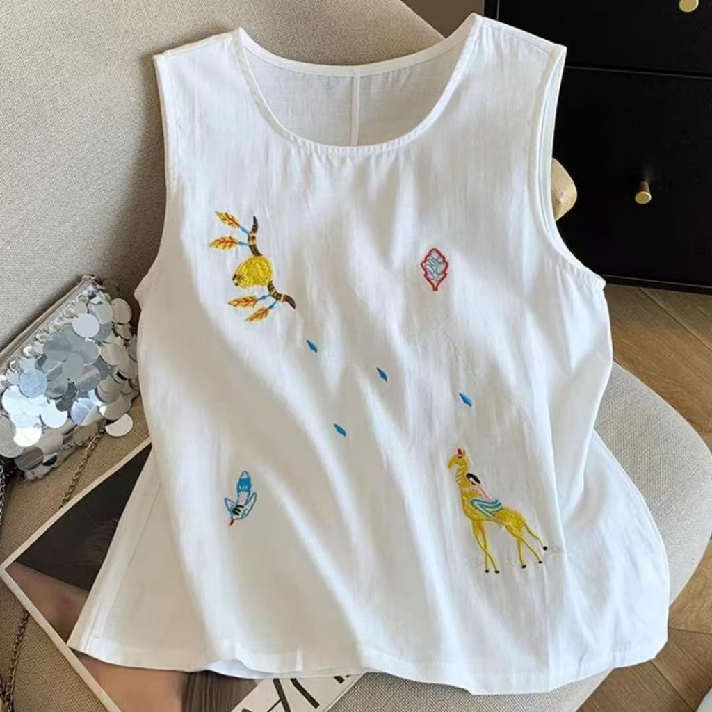 amb  เสื้อกล้ามไร้แขนผ้าฝ้ายลินินสีขาว ปักลายยีราฟ นก กิ่งไม้ ทรงหลวมสบายใส่ในฤดูร้อน