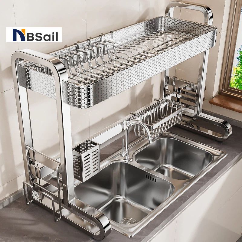 NBsail ชั้นวางอ่างล้างจานสแตนเลสพร้อมเคลือบรังผึ้งเหนืออ่างล้างจานจานราวตากผ้ามัลติฟังก์ชั่นห้องครัว