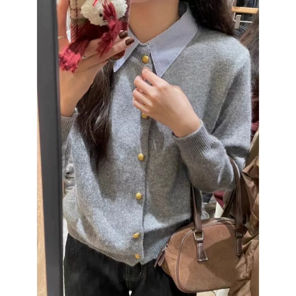 เสื้อคาร์ดิแกนสองชิ้นแบบเย็บปะติดปะต่อสไตล์เกาหลีสำหรับผู้หญิง