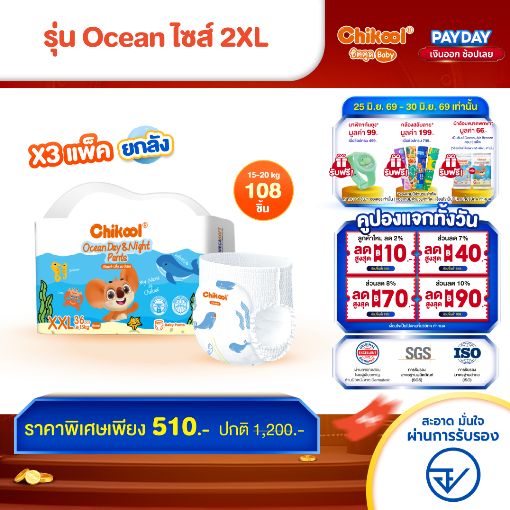 [ขายยกลัง x3 แพ็ค] Chikool Ocean Day&Night Pants ชิคคูล กางเกงผ้าอ้อมเด็ก โอเชียน เดย์&ไนท์ ไซส์ 2XL 108 ชิ้น