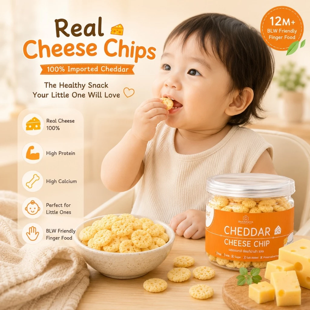🏆ขายดี🧀 Real Cheese Chips🧀 ชีสแท้นำเข้า 100% โปรตีนสูง แคลเซียมสูง ขนมเด็ก 12M+ BLW Finger Food Baan Raya