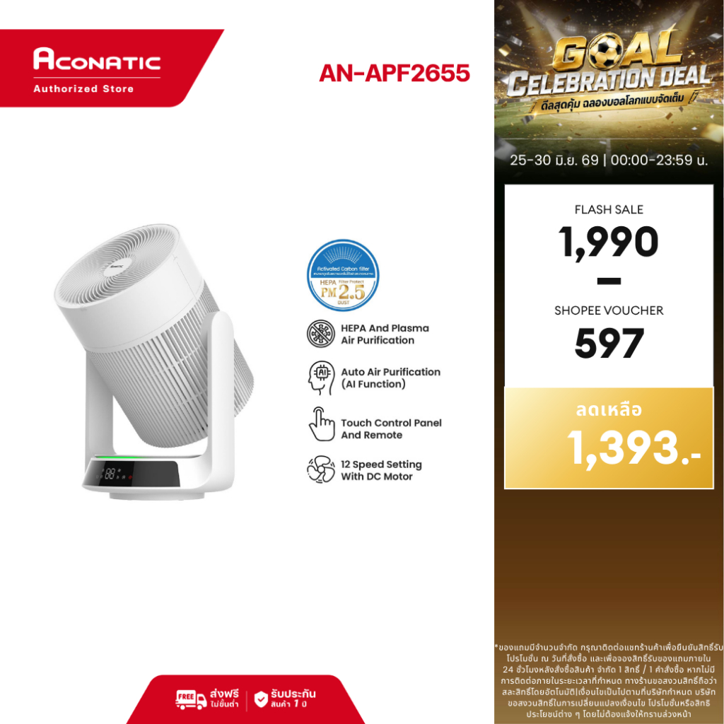 Aconatic เครื่องฟอกอากาศ Air Purifier รุ่น AN-APF2655 กรองฝุ่น PM2.5/แบคทีเรีย ไวรัส ฝุ่นขนาดเล็ก