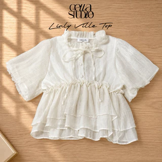 LINLYY TOP-(พร้อมส่ง)เสื้อคอกลมแต่งระบายแขนตุ๊กตา ผ้าโรซี่(GELLA)