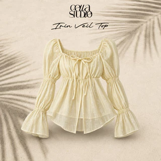 Irin Veil Top-เสื้อแขนยาวทรงyaya คอเหลี่ยมแต่งโบว์ผ้าโรซี่ซับอกผ้าสองชั้น
