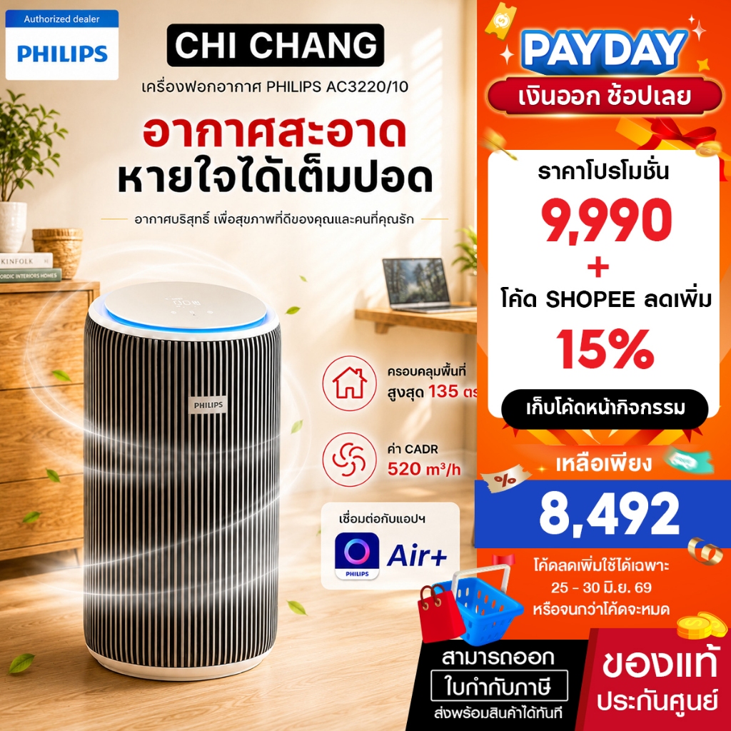 Philips AC3220/10 เครื่องฟอก อากาศ Air Purifier สำหรับห้องไม่เกิน 135 ตรม. CADR 520 ลบ.ม./ชม. รับประกัน 2 ปี
