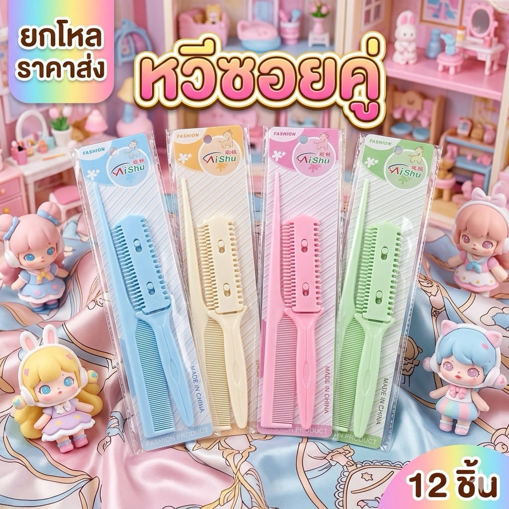 หวีคู่ หวีซอย 12 ชิ้นคละสี W002