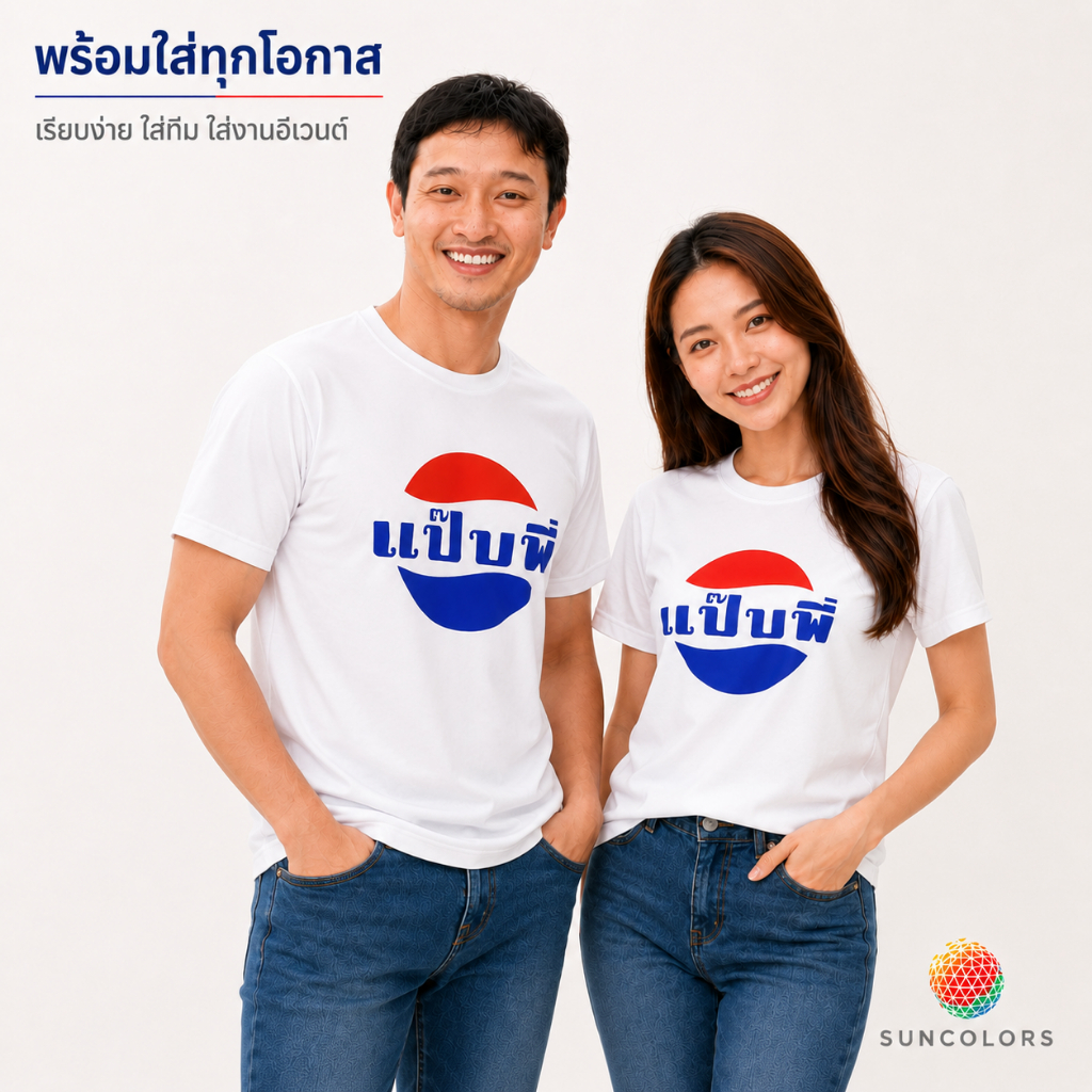 เสื้อยืดคอกลมพื้นขาว-คอน้ำเงิน สกรีนลายกวนๆ เท่ห์ๆ'แป๊บพี่' POLYESTER100% สัมผัสนุ่มลื่น เย็นสบายผิว