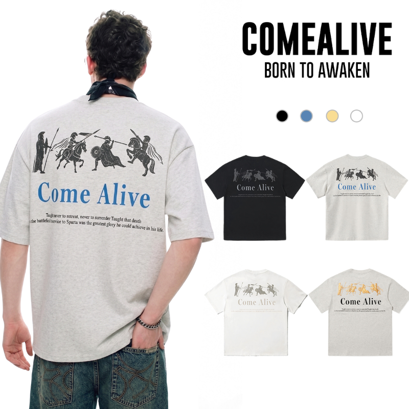 Come Alive เสื้อยืดแขนสั้นพิมพ์ลายสไตล์อเมริกันสุดเทรนด์  สำหรับผู้ชาย คอกลม ผ้าฝ้ายแท้ ลำลอง เสื้อคู่