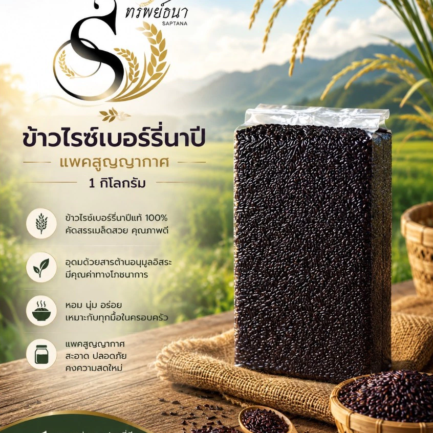 ข้าวไรซ์เบอร์รี่นาปี เมล็ดเต็ม 1กิโลกรัม ตราทรัพย์ธนา