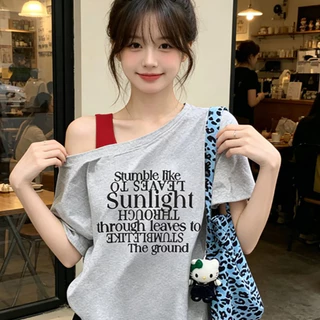COD-ขายดี-เสื้อไหล่เดียวแขนสั้นผู้หญิงสไตล์เกาหลี ทรงหลวมปกปิดท้อง สไตล์ชิคใส่ไปทำงานได้ ฤดูร้อนเข้ากับทุกลุค-มีหลายสี