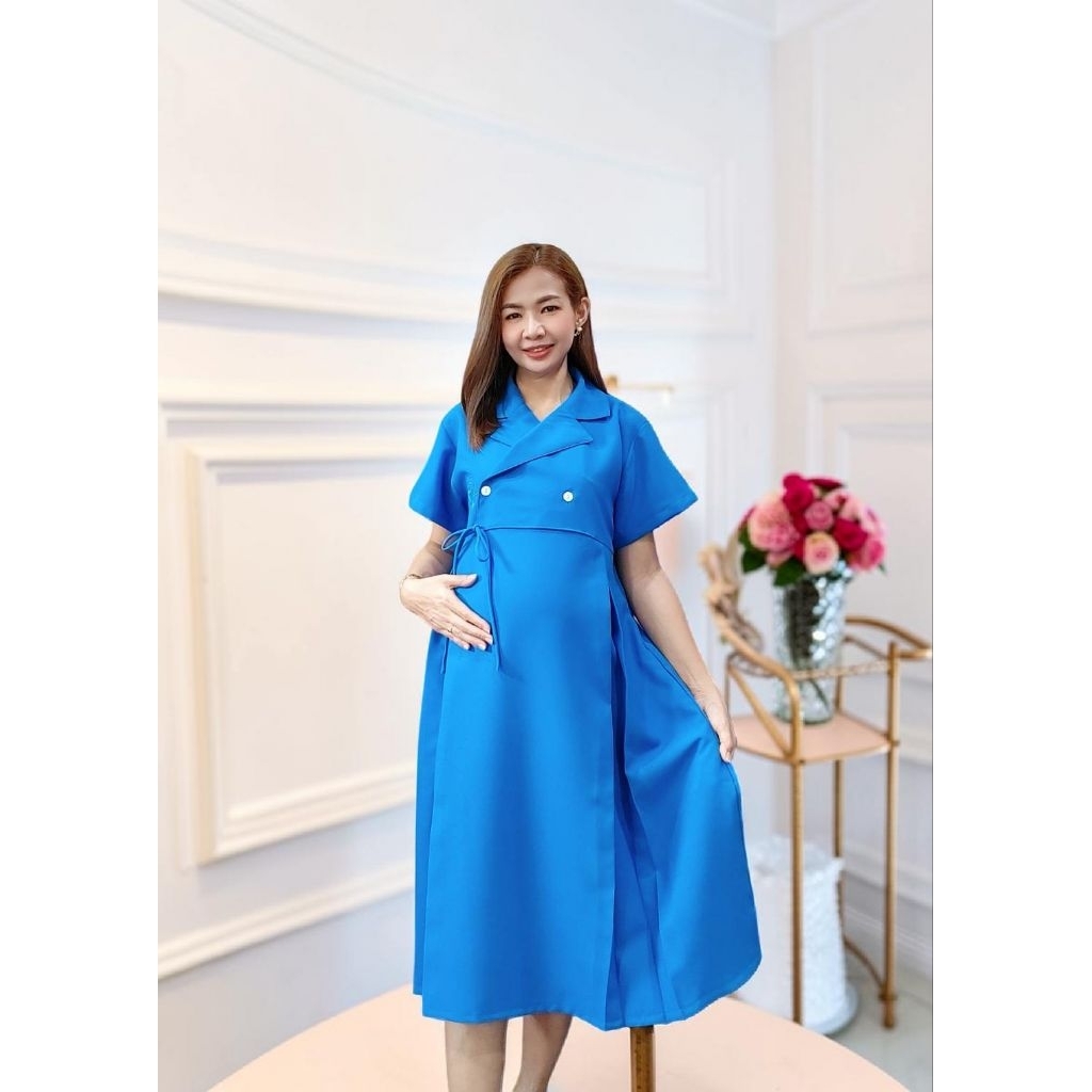 ชุดคลุมท้องแบบเรียบๆ ใส่ทำงานสุภาพ ฟรีไซส์อก34-42นิ้ว มีเชือกผูกด้านหลังปรับสายถึงคลอด