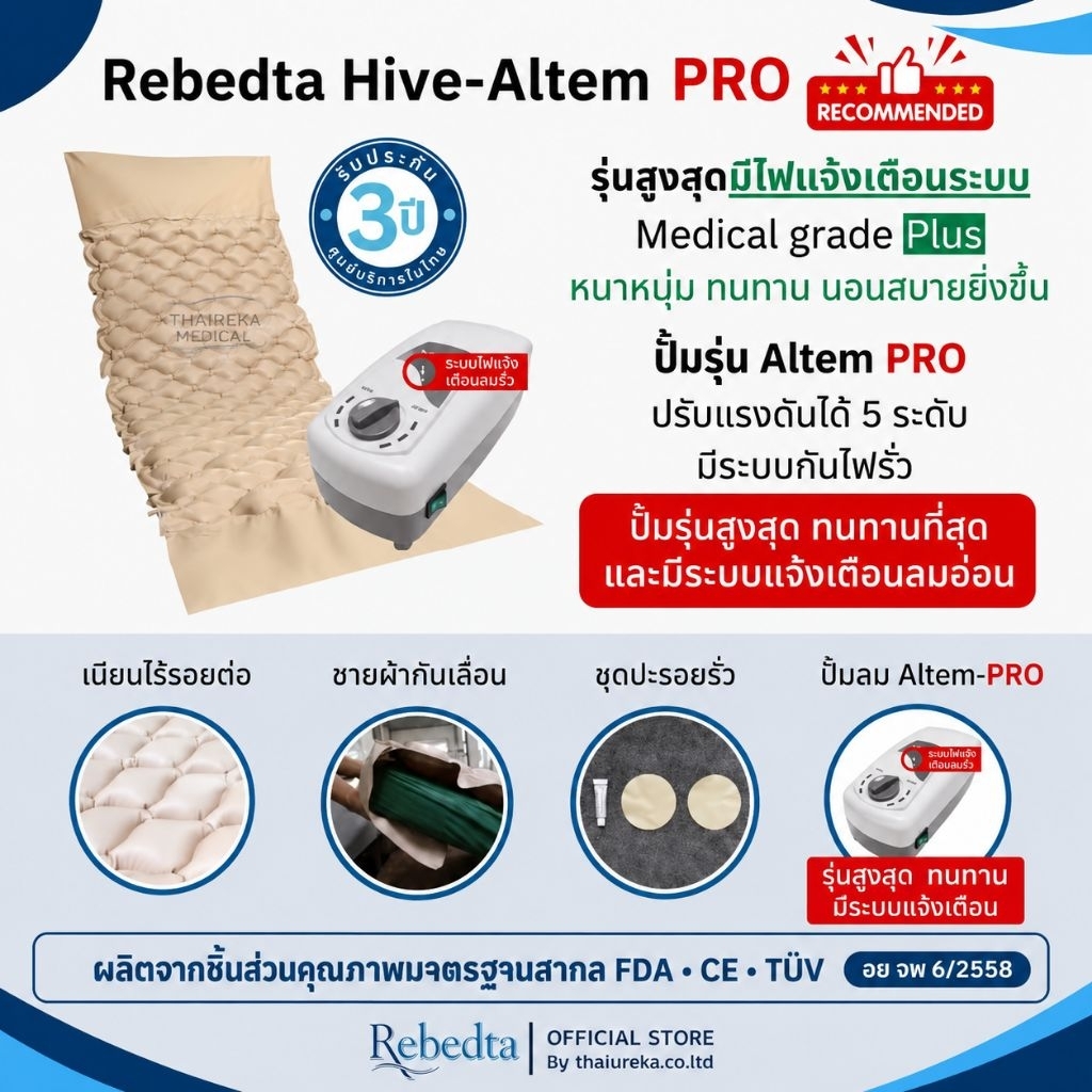 (ศูนย์ไทยมีอย.✔️​​)มาตรฐานไต้หวัน ที่นอนลมป้องกัน แผลกดทับ แบบรังผึ้ง  ผู้ป่วยติดเตียง Rebedta มีระระบบเตือนลมอ่อน