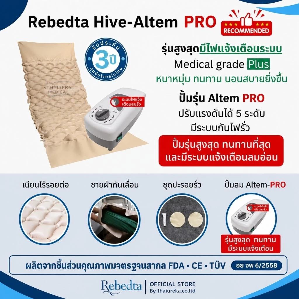 Rebedta ที่นอนลมป้องกันแผลกดทับ แบบรังผึ้ง ผู้ป่วยติดเตียง แผลเปิด ศูนย์ไทย​ อย​ จดแจ้ง​ 67-1-3-20000973 มาตรฐานไต้หวัน