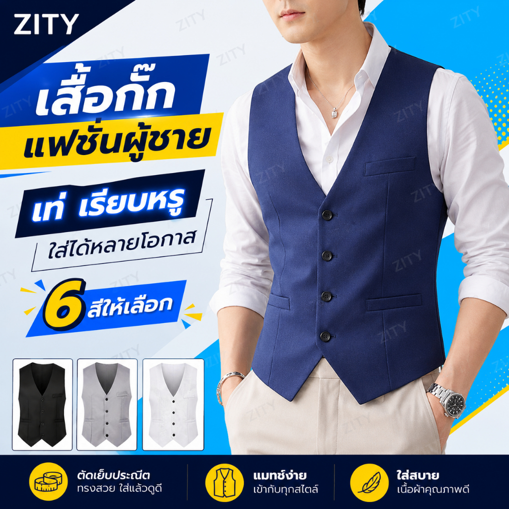 เสื้อกั๊กทรงสลิมฟิตสำหรับผู้ชาย กระดุมแถวเดียว เหมาะสำหรับใส่ไปทำงาน ชุดสูท และชุดกึ่งทางการสำหรับงานแต่งงาน