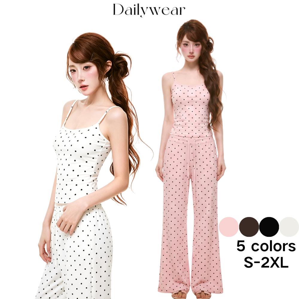 Dailywear พร้อมส่ง ✨ชุดอินสไตล์ลายจุด เสื้อสายเดี่ยว กางเกงขายาวสูงเอว ผ้านุ่มยืดใส่ประจำวัน
