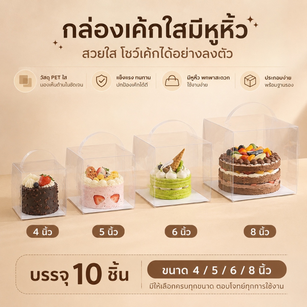 【กล่องเค้กใส รุ่นใหม่】แพ็ค 10 ชิ้นต่อแพ็ค หลากหลายขนาด หูหิ้ว พกพาสะดวก พร้อมฐานสีขาว สวยและใช้ได้จริง