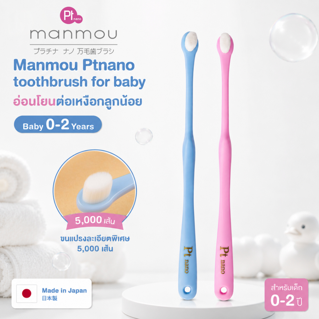 Manmou Ptnano toothbrush for baby (Size:SS) แปรงสีฟันสำหรับเด็กเล็ก (อายุ  0-2 ปี) จากประเทศญี่ปุ่น
