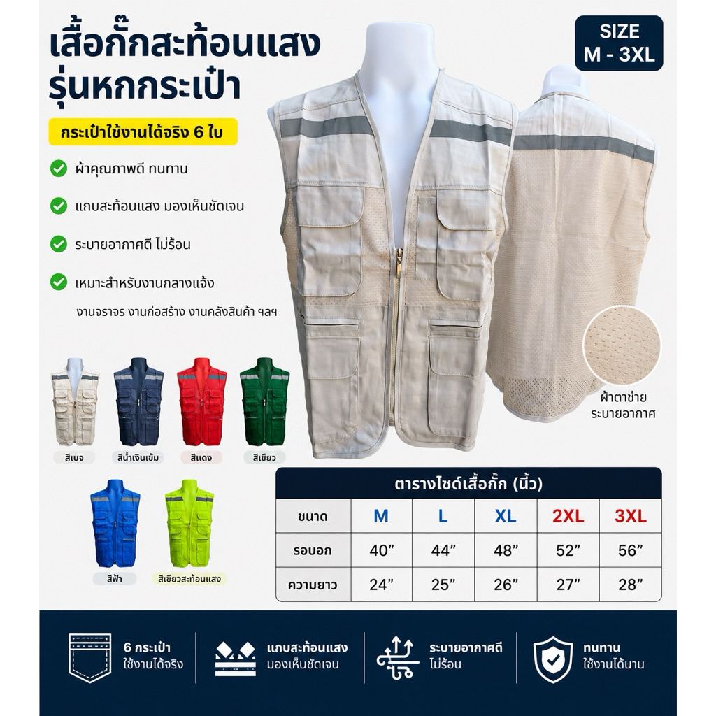เสื้อกั๊กสะท้อนแสง รุ่น6กระเป๋า งานตาข่ายพร้อมแถบสะท้อนแสง
