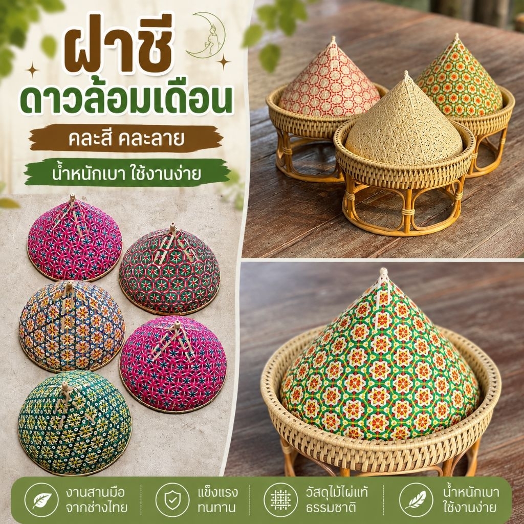 ฝาชี ฝาชีดาวล้อมเดือน ขนาด 9-12นิ้ว คละสีคละลาย ฝาชีไม้ไผ่